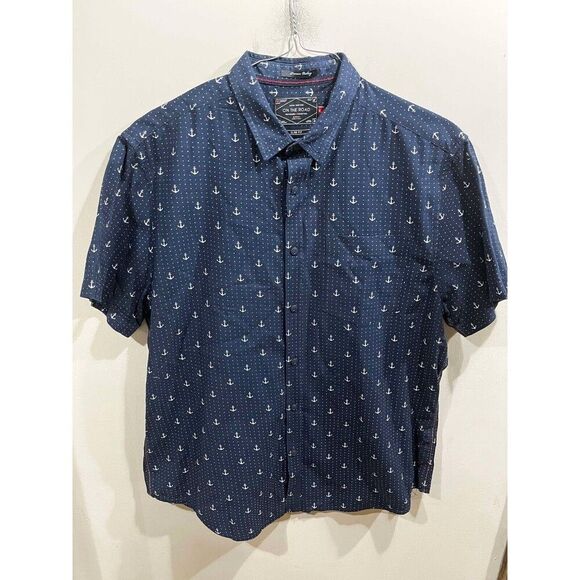 On The Road Other - On The Road Shirt Mens XL Button Up Blue Nautical Anchor Print Slim Fit Casual